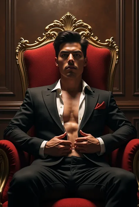 Young mafia boss sitting on the throne while opening his shirt, hurting him to see his muscular body. 