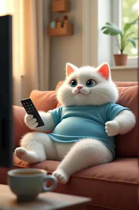 An anthropomorphic, muscular white cat sits comfortably on a comfortable sofa in a living room bathed in warm sunlight. The cat sits with its mouth open and the TV remote in hand, the cats fluffy fur, wide blue eyes and an expression of surprise and wonder...