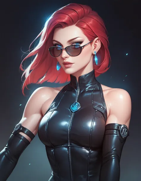 female black sleveless leather catsuit, bare shoulders, long gloves, toned arms, beautiful faces, black coat, long red hair, earrings, soft smooth skin, pale skin, black background, blue eyes, sci-fi, assassin, sunglasses