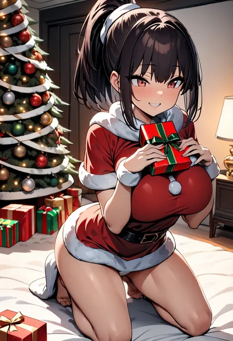 (  Masterpiece ,   top quality:1.2), (((One anime girl))) , (((Alone))),   Expressive Eyes ,  sexy, Santa girl costume, (((Dark-haired ponytail ))). ((( straight hair))), (smile), (((Reddish brown eyes))), ((( holding a present with both hands))), Christma...