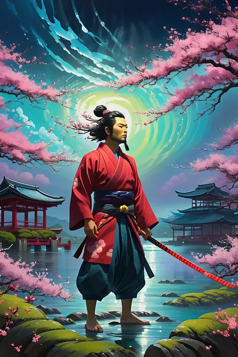 Under the cosmic brushstrokes of Android Jones and Rhads, a figure known as Arashi no Samurai meditates in the heart of a storm. His aura radiates Serenity, surrounded by an endless sea of cherry blossoms, whispering the hymn of Blossoming Silence. The sto...