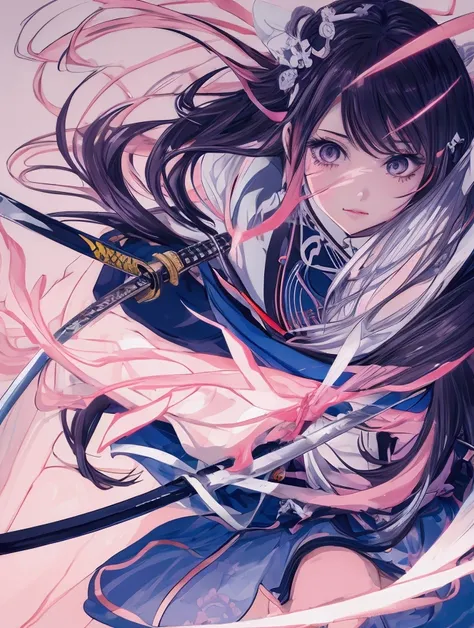 anime, modern girl, Digital art, Delicate and unstable line drawing, wielding an oversized giant katana, Modern clothing, coloful, Spectacular backdrop,