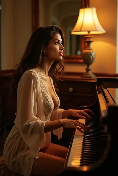 A vintage piano bathed in soft, golden light, with a lavish living room background. Sedona, wearing a lace robe that partially opens to reveal her body underneath, is seated at the piano. She plays a delicate melody, her fingers grazing the keys with sensu...