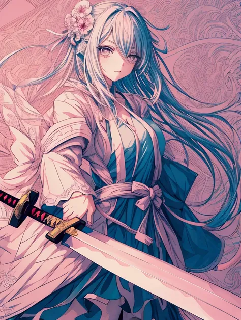 anime, modern girl, Digital art, Delicate and unstable line drawing, wielding an oversized giant katana, Modern clothing, coloful, Spectacular backdrop,