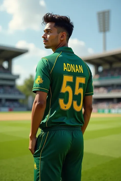 A 25 years old boy standing in cricket ground.he wear Pakistani cricket jersey .his jersey number is 55 and his jersey name is adnan.