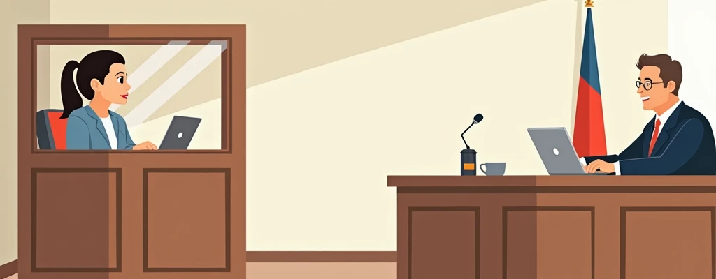 Illustrate a courtroom designed to be -friendly, where a  is seated in a separate, private booth with audio-video equipment. The  is speaking confidently into a microphone, with their parent or a trusted adult sitting beside them. The special court judge, ...