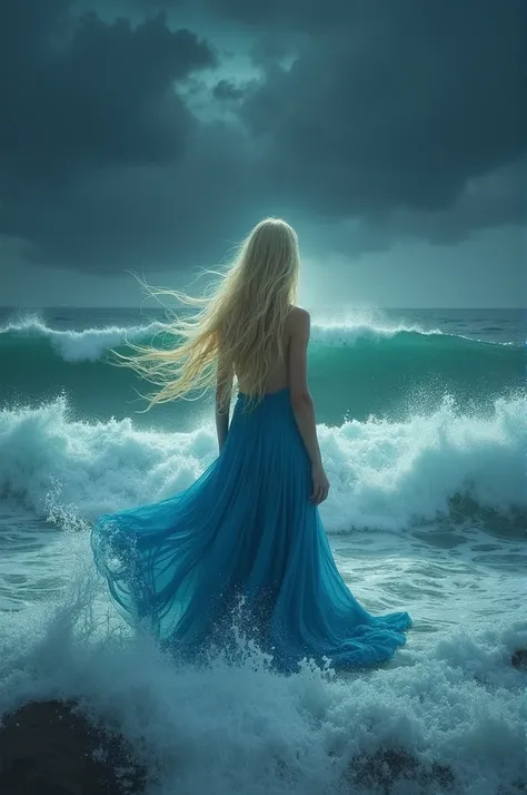 Create a high-fidelity image of a person with long, flowing blonde hair standing in the ocean, facing away from the viewer. The person should be wearing a long, flowing blue dress that seamlessly blends with the dynamic, powerful ocean waves. The scene sho...