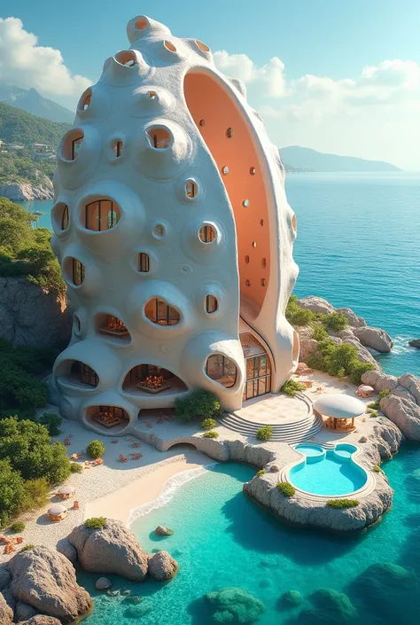  Design a Hotel located on a shell-shaped beach facing the sea, in the center there is a small pearl ,  seashells looming around the pearl ,  in front there is an open-air swimming pool ,  unique architecture  