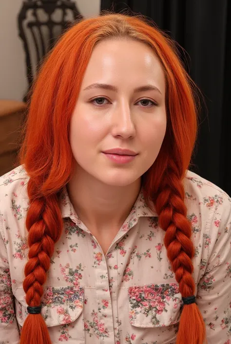 a close up of a woman with red hair and a flowered shirt, orange braided hair, long braided orange red hair, redhead girl, redhead woman, complex redhead braided hair, red braided hair, flowing ginger hair, beautiful redhead woman, ginger hair, red head, o...