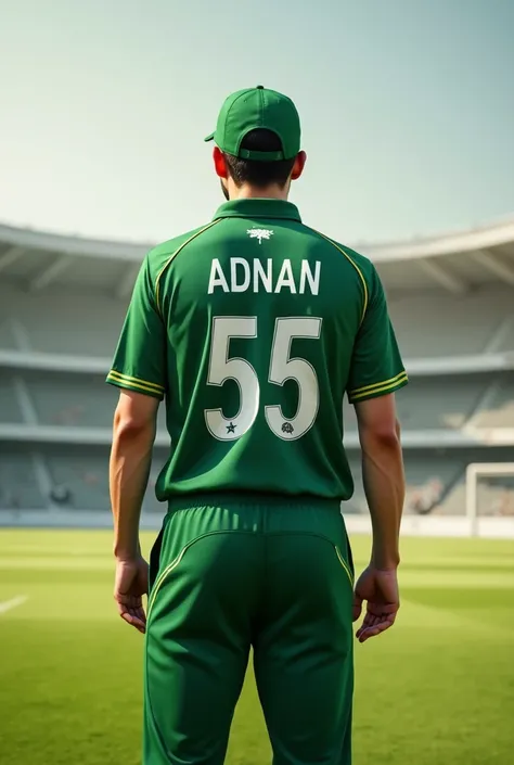 A 25 years old boy standing in cricket ground.he wear Pakistani cricket jersey .his jersey number is 55 and his jersey name is adnan.he wear cap.without face pose.