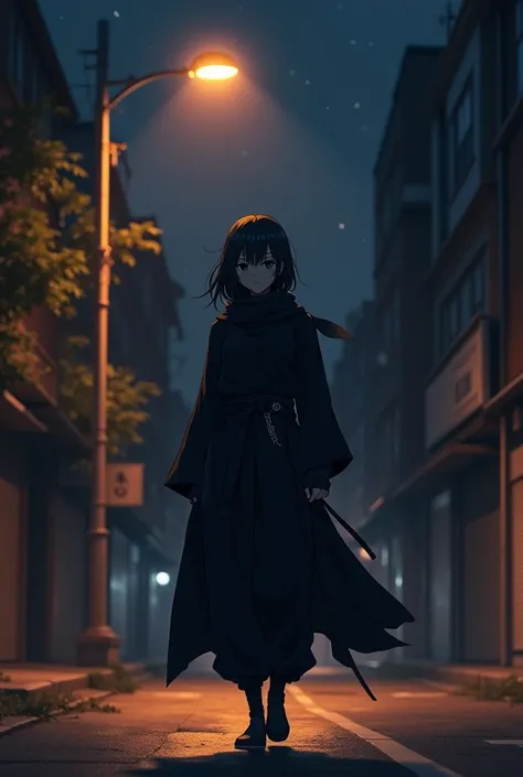 Animε look like ninja under a lamp on the street at night  with a dark sky in black clothes 