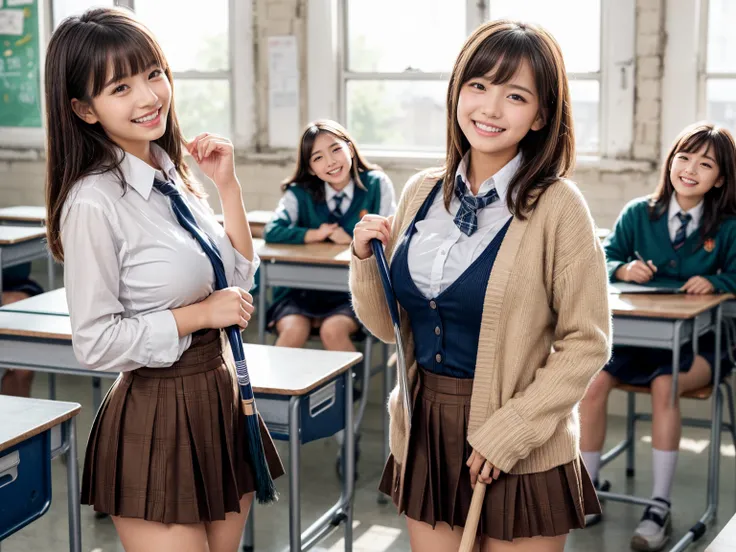  Masterpiece, best quality,8k resolution,  Its high definition ,   movie-like lighting  ,  octane rendering ,  super real , 4 creative high school girls in a school classroom ,(8 head and body ), Sexy latino   ,we are wearing a Japanese uniform with a plai...