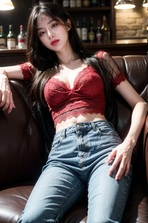 Masterpiece, many details, wearing a red lace shirt, sexy, high waisted jeans, beautiful face, precious details (, hair, soft), perfect face, leaning against a luxurious sofa in a pub at night, long hair,