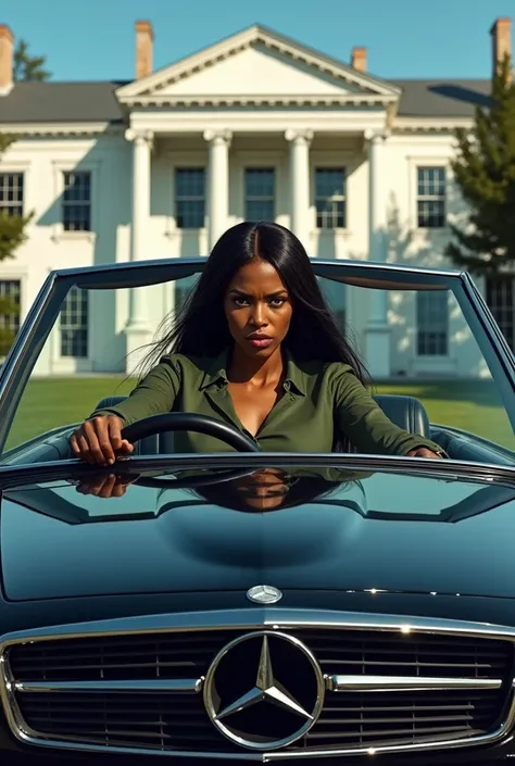  An angry beautiful African woman on with a long straight hair wearing a green shirt and black trousers driving a black Mercedes Benz out 📤of a big white mansion Realistic paint 