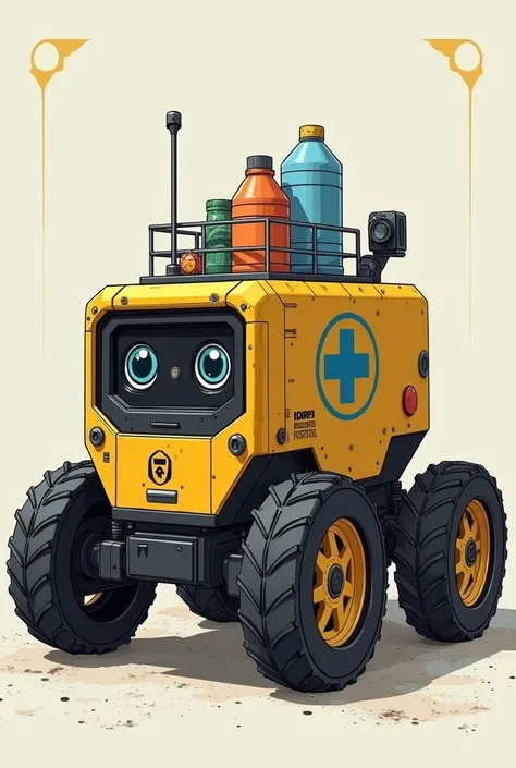 Imagine a little robot, about the size of a shoebox, ready to help people after a disaster. Its tough, with four big, grippy wheels that can handle any rough terrain. It has a special box on top to carry food, water, and other important supplies.
 
Its "ey...