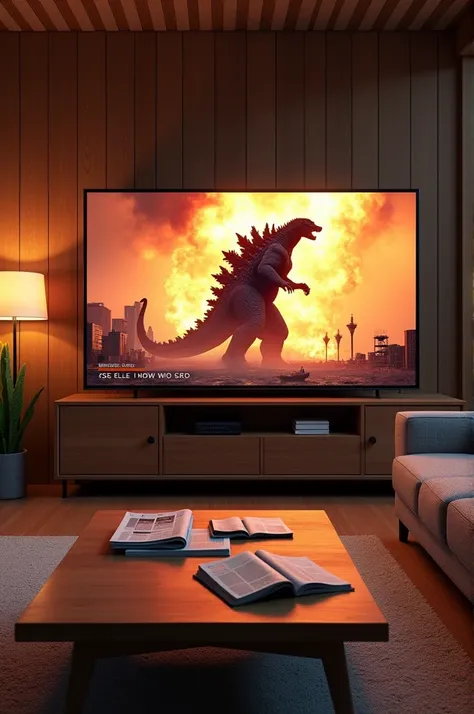 A cozy living room scene with warm ambient lighting, featuring a large, modern television mounted on the wall. The TV screen displays an intense scene of Godzilla attacking a city, with fire, destruction, and towering skyscrapers engulfed in smoke and flam...