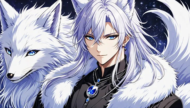 Boy between 16 and 20 year old with long straight hair, ear, white fox tail and fur 、The right eye has blue eyes 、Left eye is purple, Neutral、 with an attractive smile 、 black necklace with a 5cm transparent blue round crystal pendant、 manly and sexy appe...