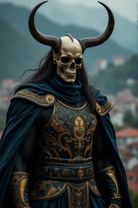 Imagine a strong muscular skull , clothing characteristic of the Nordic Loki God with his traditional electronic truth costume and electronic gold fluttering in the wind. background city of Albania  ,Dark dark sky 