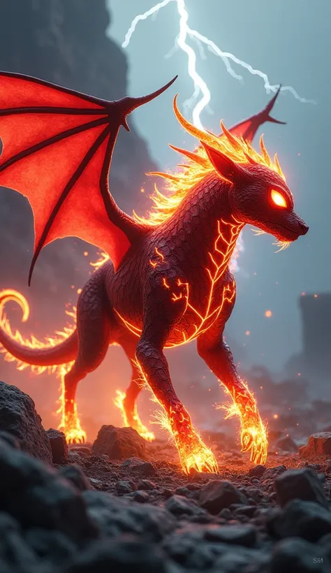 Create 32k Ultra-realistic, 200% mutated hybrid fusion of a Dog, Dragons Fire aura, and a warrior Spider-Man form, set in a rocky, desolate battlefield. The creature has a muscular dog’s body covered in red-scaled fur that crackles with fiery energy. Its d...