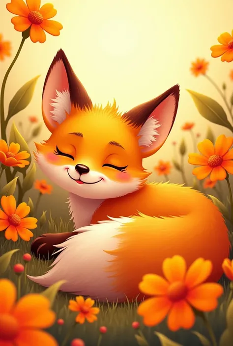 An orange fox laying on orange flowers, more cartoonish,fox head is pointing to the left, 