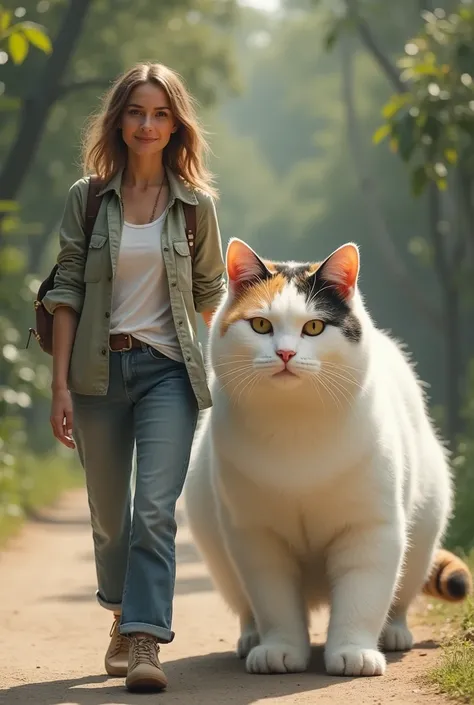 A casually dressed woman walks alongside a giant calico cat and faces directly at the camera.  a calico cat much larger than usual , white hair that is more dominant on her body and spots 