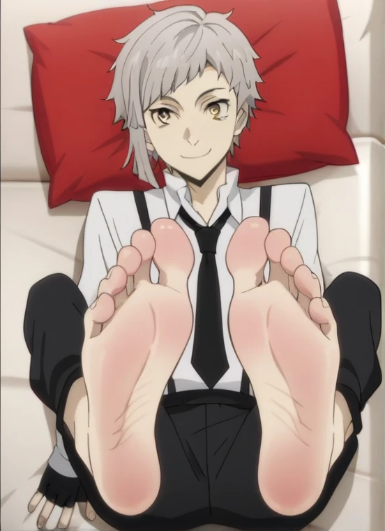 Score_9, score_8_up, source_anime, 1boy, Bungo Stray Dogs, Atsushi Nakajina, big eyes, alone, looking at viewer, in his bedroom, lying on the bed with his back against the mattress, lifting legs to show his soles, cowboy shot, ANIME SCREENCAP, anime colori...