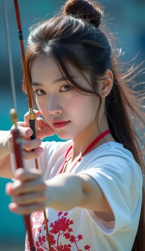 Characters take up one-sixth of the screen， Chinese beauty, , ，woman; archery at the Olympics ，Korean team ，1 Beauty，  exquisite facial features  ， cute， white skin， long hair， Full Body Photo ，Panoramic view，Wide-angle lens， Olympic venues ， professional ...