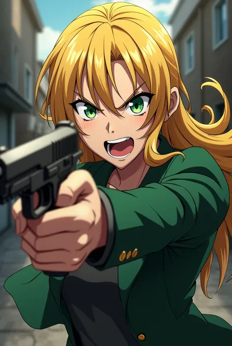 Badass angry ,mafia,yuzu aihara from citrus, shooting,green eyes, blonde hair