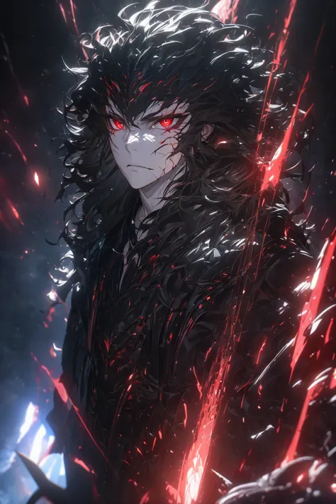 (solo), male, masculine, black hair, messy hair, mane hair, long hair, thick hair, wild hair, expressive hair, holding a sword, castle demon, mature, (25 years old), pale skin, red eyes, ((male)) , wearing black robes, , serious, handsome, attractive, eye ...