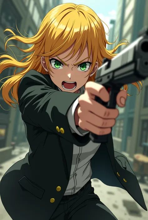 Badass angry ,mafia,yuzu aihara from citrus, shooting,green eyes, blonde hair