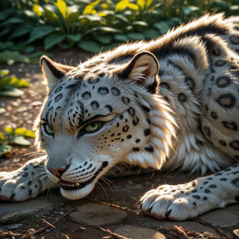 score_9, score_8_up, score_7_up, score_6_up, detailed background, feral snow leopard, sleeps on the ground, detailed fur, solo, angry, high quality, furred body, fluffy, green eyes, looks at the viewer, summer meadow, highly detailed, realistic fur, photor...