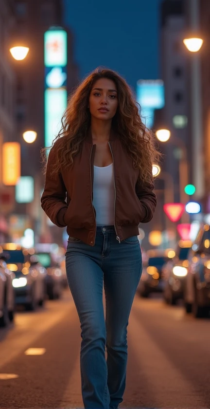 A beautiful woman with long brown curls wearing a casual bomber jacket jeans shoes bots walking in the city background streets of a windy night city Professional living  , 4k, HD, UHD, 8K,  High detail ,       ultra definition 