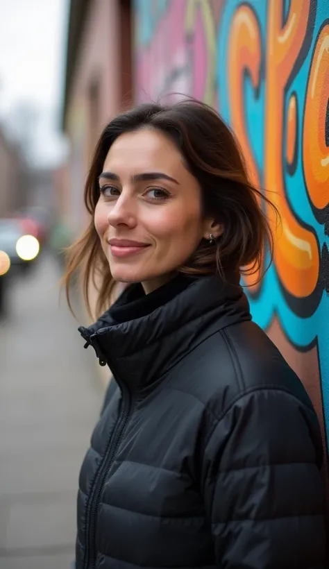 A 37-year-old woman standing near a colorful mural, wearing a high-neck jacket.