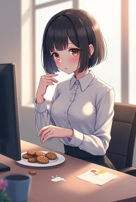 white anime girl with black hair and stylish bobcut is eating cookies. she works in an office. some milk was spilled on her desk. she sits in front of a computer. she has a dreamy look in her eyes. she uses her fingers to play with the milk. 