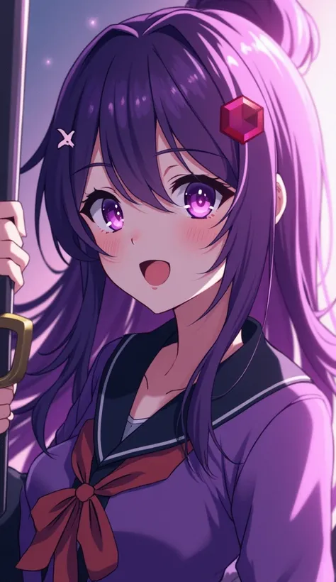  played by Super Power Factor )  anime girl in purple clothes with purple hair and purple eyes,  Ayaka Genshin Impact, [[[[邪悪に笑っている]]]], Akasuki Void Star,  Onmyoji portrait , Hajime Yatate,   Anime Moe Art Style ,  woman holding a sword close-up laughing ...