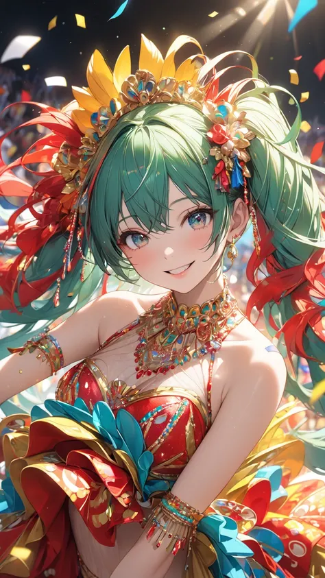   high definition   , masterpiece,    解剖学的にAccurate  , Accurate,  top quality,      high definition   model,    high detail,    very detailed with crimson hair,  Ultra-  high definition ,  textured skin,   hatsune miku in a samba costume ,  Bare shoulders、...