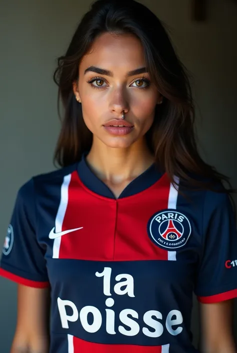 Une image d’une femme portant un maillot du Paris saint germain . Le  maillot de la femme doit obligatoirement être floqué « la poisse » .La femme doit avoir un percing sur sa narine . La femme doit être très belle , très belle 