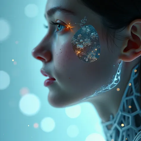 Capture an intimate, close-up portrait of a "molecular cyborg," a seamless integration of human expression and microscopic, technology-inspired detail. Her face is a mosaic of soft, organic contours and intricate, molecular frameworks, where transparent pa...