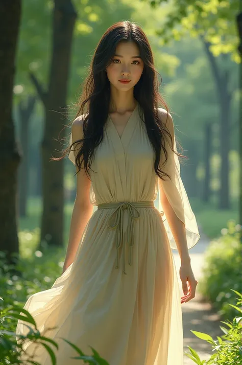 Korean girl in a park with long hair wearing a realistic one-piece skirt