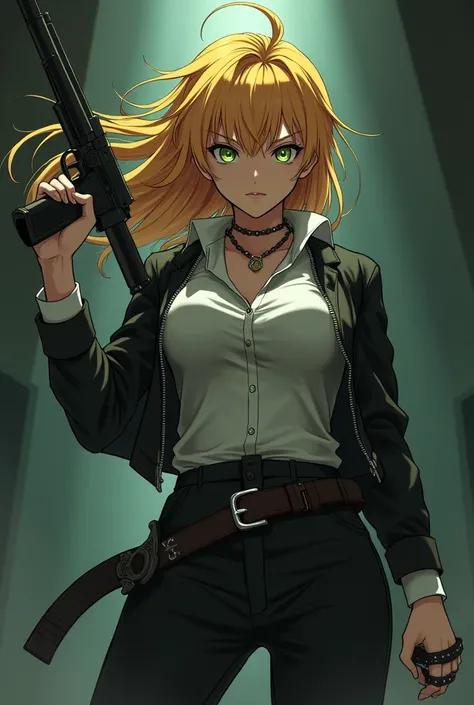 Badass, cool angry ,mafia,yuzu aihara from citrus, shooting,green eyes, blonde hair,anime