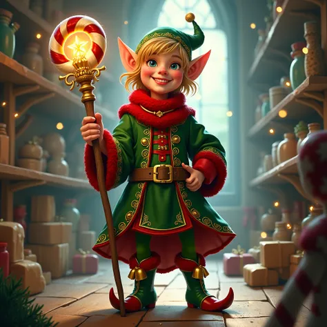 A Christmas-themed character design of a magical elf, wearing an intricately detailed outfit made of emerald-green velvet and crimson accents, with golden embroidery and jingle bells on the boots. The character holds a glowing candy cane staff and has a mi...