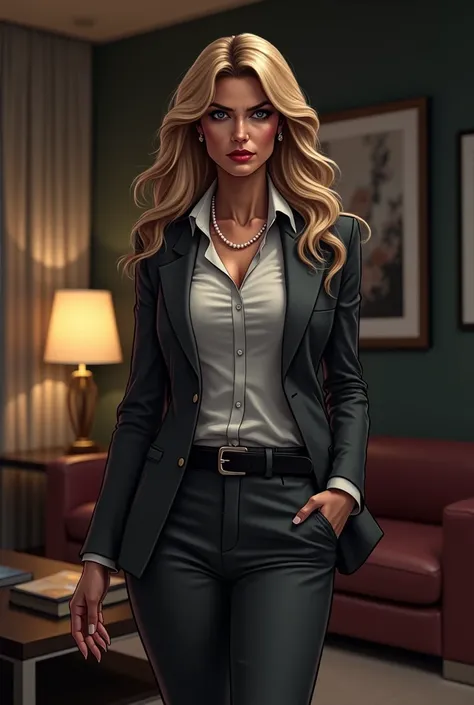 Comic Style: Beautiful lines，Vivid colors，The details of the characters are clear。 background：Luxurious modern interior living room,Sofa in living room、Coffee table characters:A Businesswoman in her fifties , long blond hair,Wearing a grey fancy suit , whi...