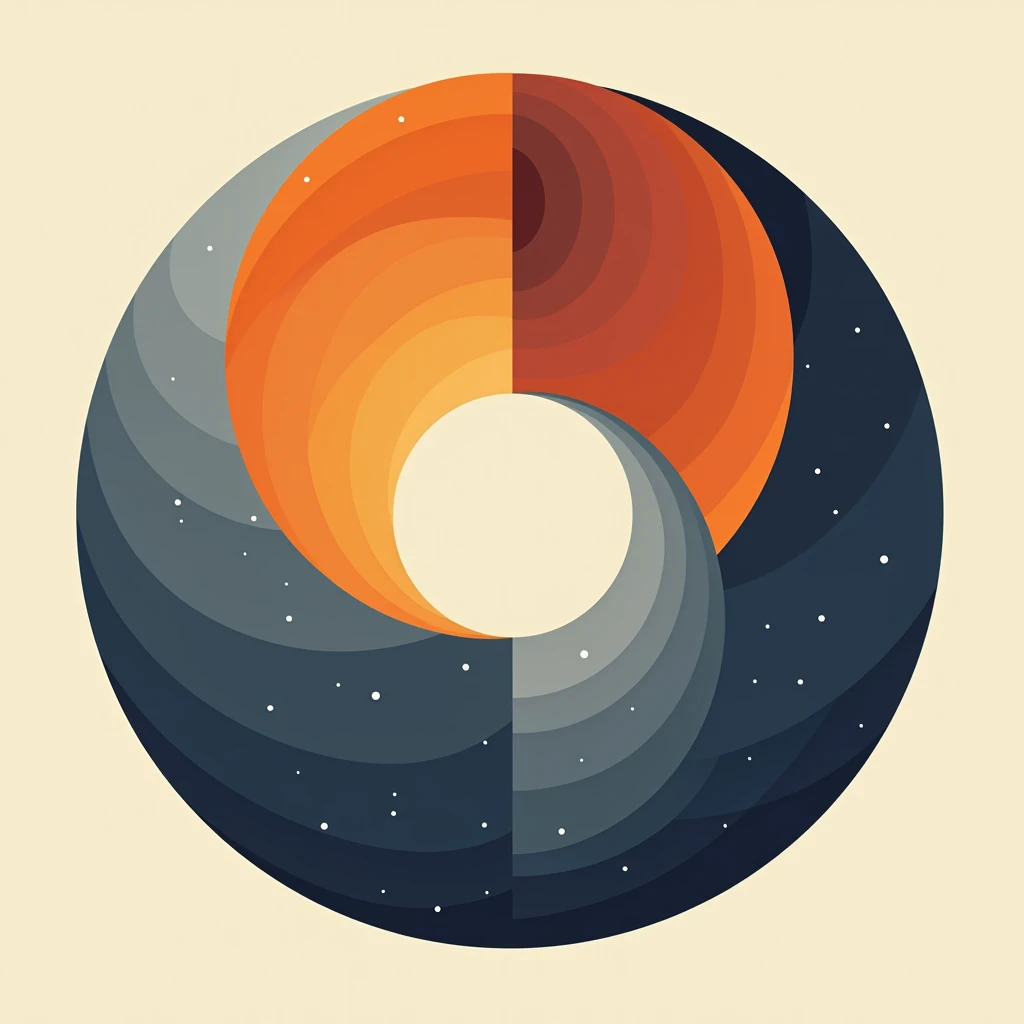 Draw a music album cover ， The pattern is the theme of a 唱片 during the day and night, but simple, less details and more shapes, with orange and blue colors.  all around in circle