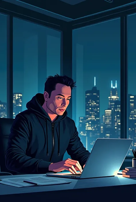 IMAGE OF ELON MUSK WORKING LATE AT NIGHT APPEARS ON SCREEN (Dimension same as the YouTube platform)