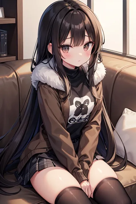 40s　Brown and black hair 　 and my hairstyle is semi-long 　 height 155 cm　 black miniskirt　The skirt has a white plaid 　 brown jacket with fur　black long t-shirt　sitting on sofa　 Black Long Socks 　 white panties visible　
