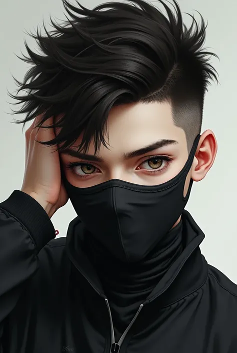 Realistic, boy, 18 years old, , with mask on, wolf cut hair, his other hand covering face, realistic