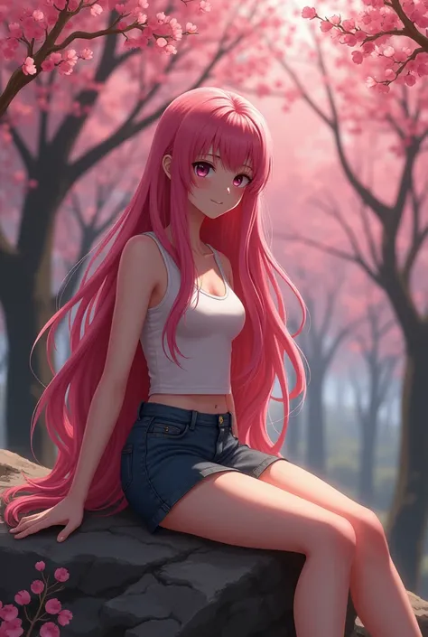 Sexy fifteen-year-old girl with long pink hair in a miniskirt and tank top in a cherry forest sitting on a rock 