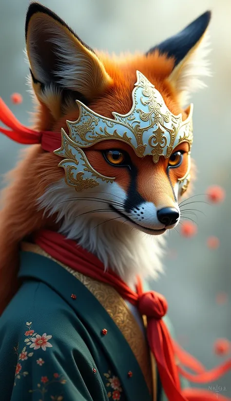  splash art,  Portrait of a beautiful fox in a traditional Japanese mask with ribbon, ,  magic ,  photorealistic, By DKCW  