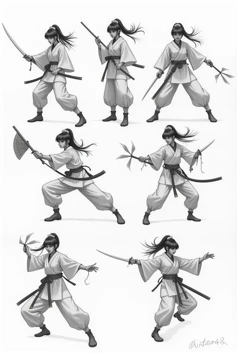 So many poses of body for a kunoichi who fight with two tessen, a sword,shurikens,kunai and ropes in a paper drawing with pencil (only body details no detail about the girl just body)