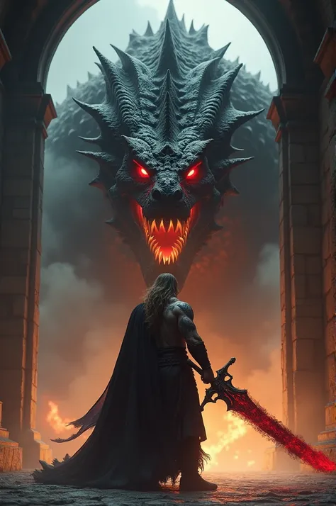 Generate a high-definition, cinematic image of a powerful, muscular warrior with a flowing beard and tattoos, wielding a large, glowing sword. He stands defiantly in front of a massive, black dragon with glowing red eyes and menacing teeth. The scene is se...